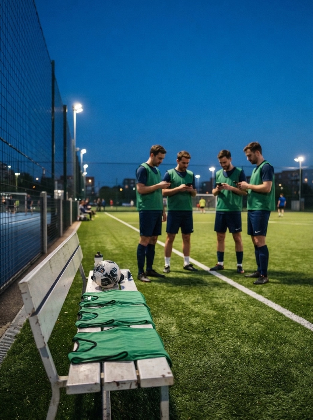 A small group of players waiting beside a bench at a floodlit five-a-side pitch.