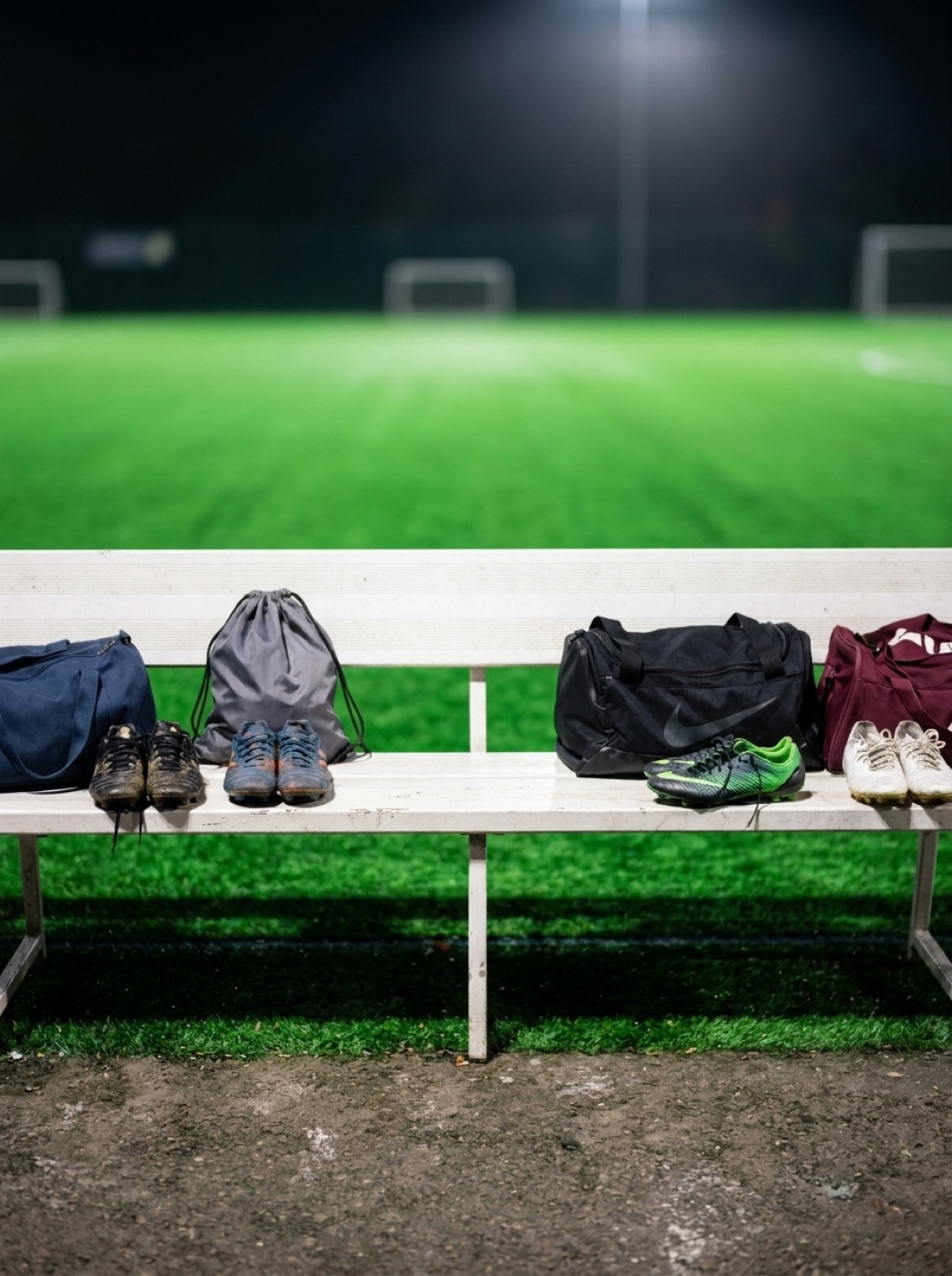 Kit bags left on an empty bench beside a floodlit pitch with nobody on it.