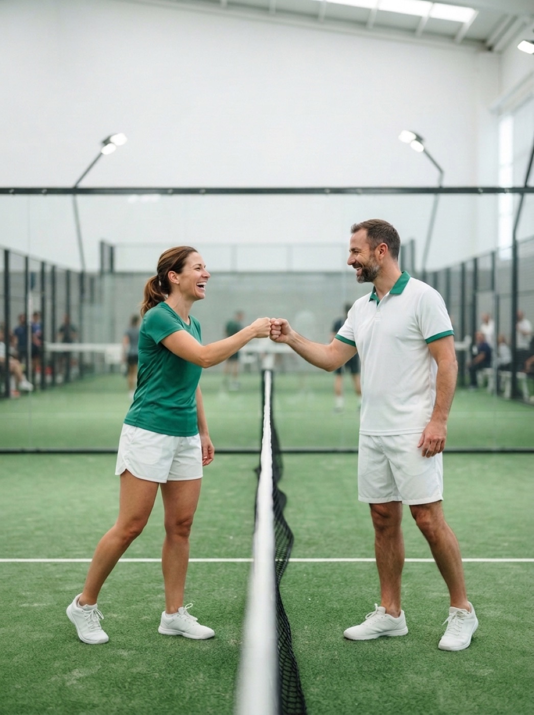 Two padel players shaking hands over the net at the end of a match.