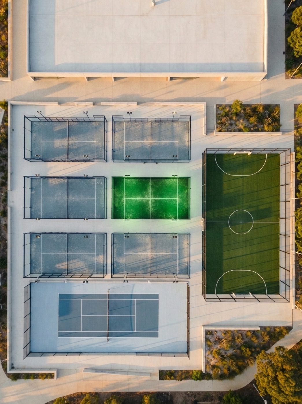 An overhead view of a multi-court sports complex with tennis, padel and football pitches.