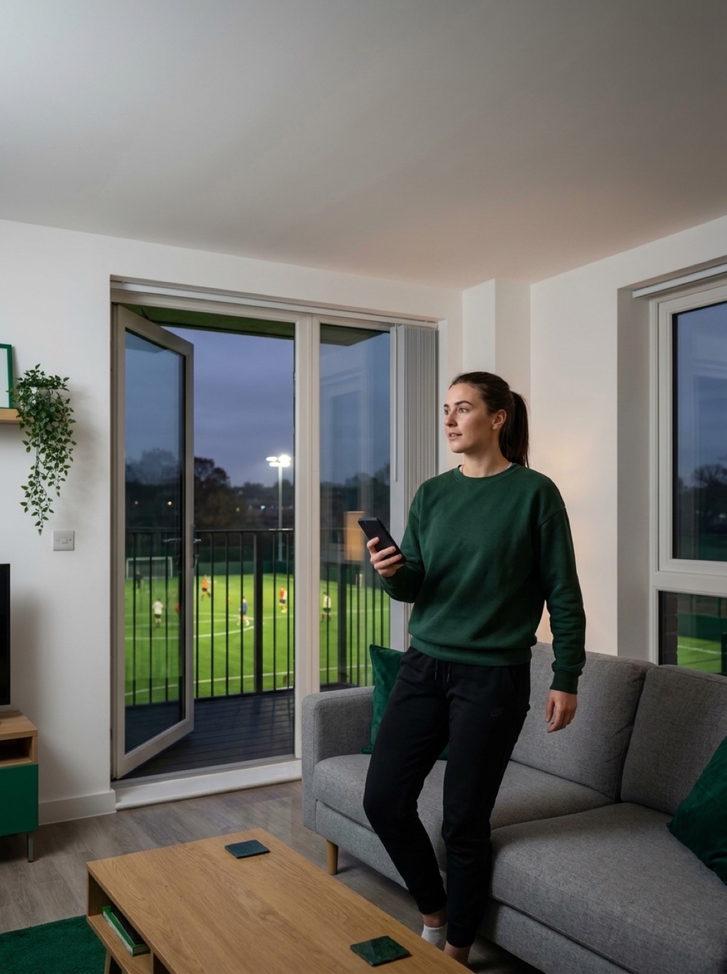 A player at home in the evening, phone in hand, looking out towards a floodlit pitch.