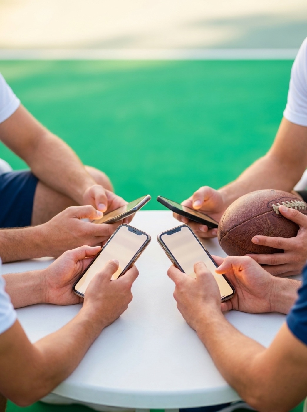 Players around a table with phones out, settling up after a game.