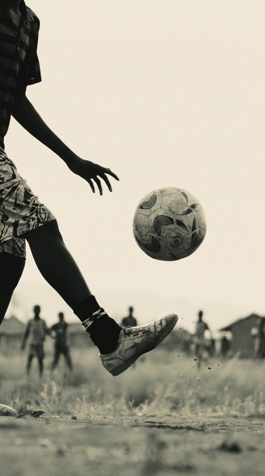 A player kicking a football on a dirt pitch